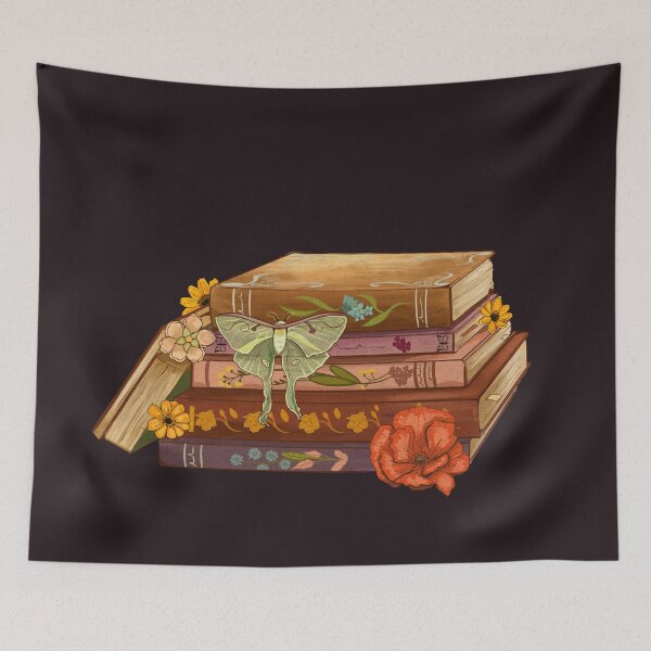 Item preview, Flowers growing from vintage book with perched lunar moth: Dark purple background designed and sold by Jessiemay-arts.