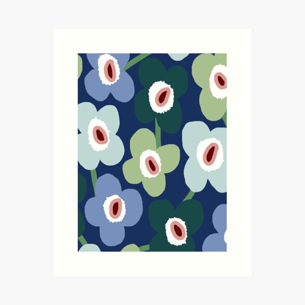 Iconic Retro Scandinavian Floral Pattern in Blue and Green Art Print