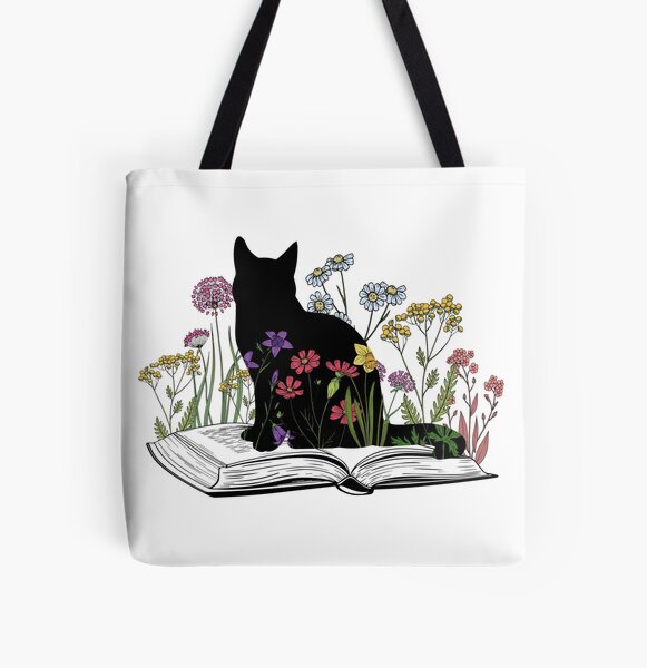 Cats Flowers and Books All Over Print Tote Bag