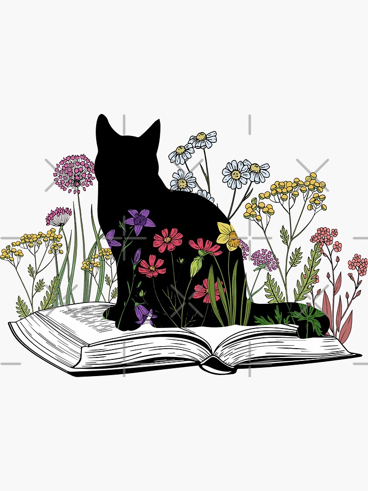 Thumbnail 3 of 3, Sticker, Cats Flowers and Books designed and sold by Dollfacedesign.