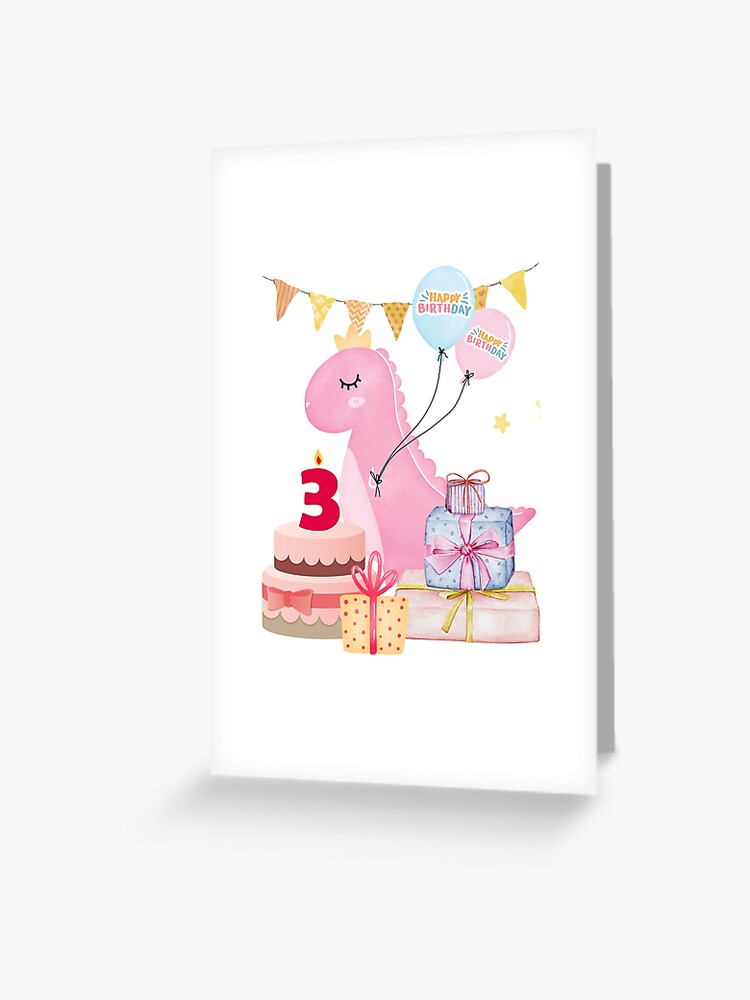Carte D'anniversaire Avec Un Dinosaure Dinosaure En Rose Avec Un Cadeau Et  Une Casquette