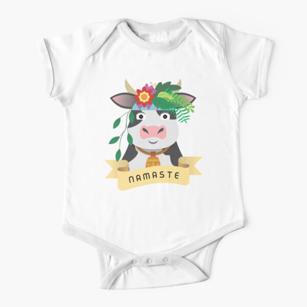 Cow with floral wreath and beige colored ribbon Short Sleeve Baby One-Piece