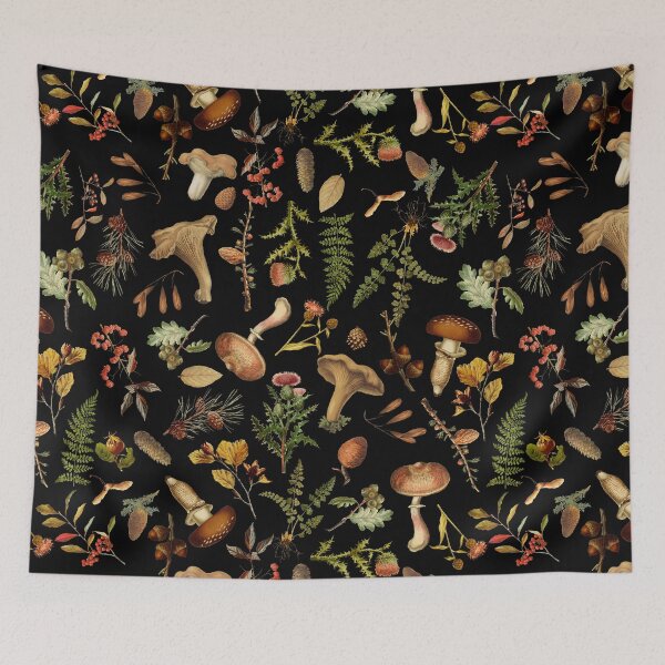Item preview, Vintage Mushrooms Woodland Pattern - Black Botanical Night Garden Nightgarden designed and sold by UtArt.