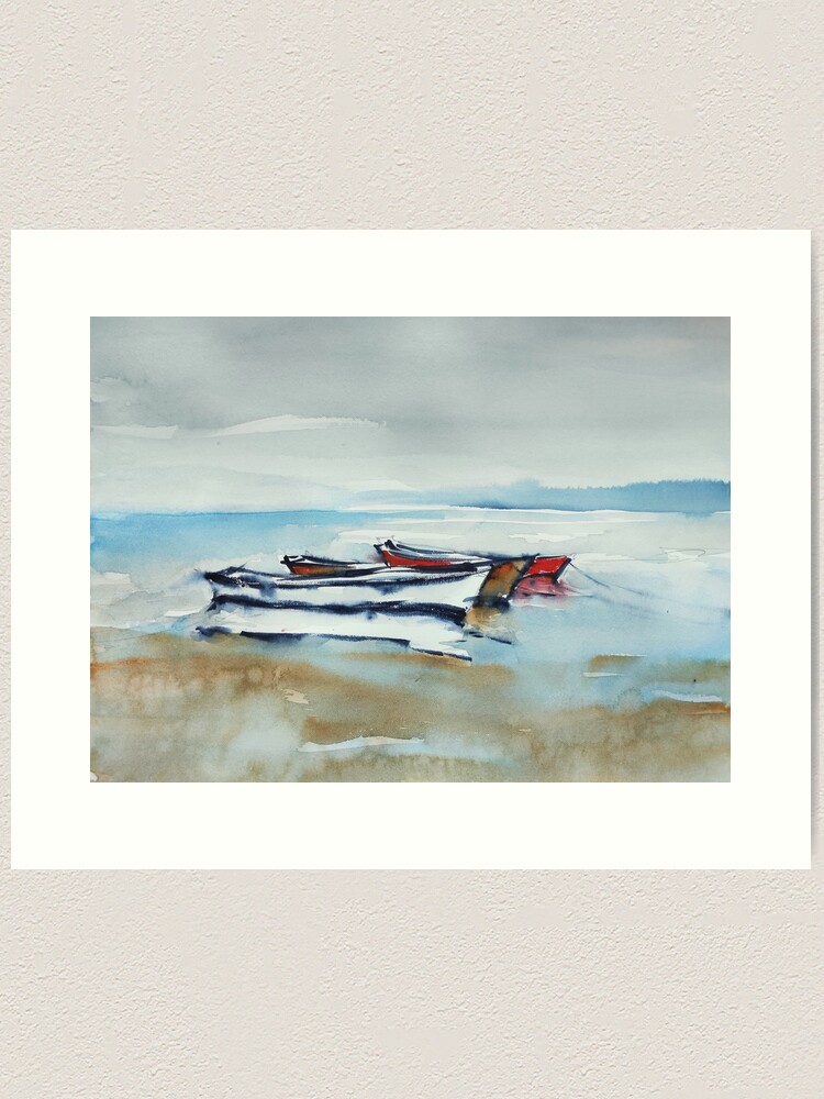 Three boats, watercolour landscape painting, coastal wall decor, seaside  wall art, fine art gifts, retirement gift, colourful boats, reflections  wall hanging Art Print for Sale by Ibolya Taligas