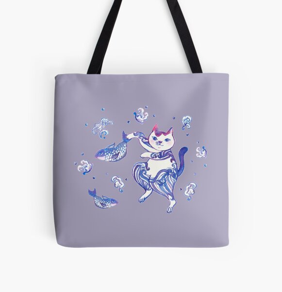 A cat catching fishes All Over Print Tote Bag