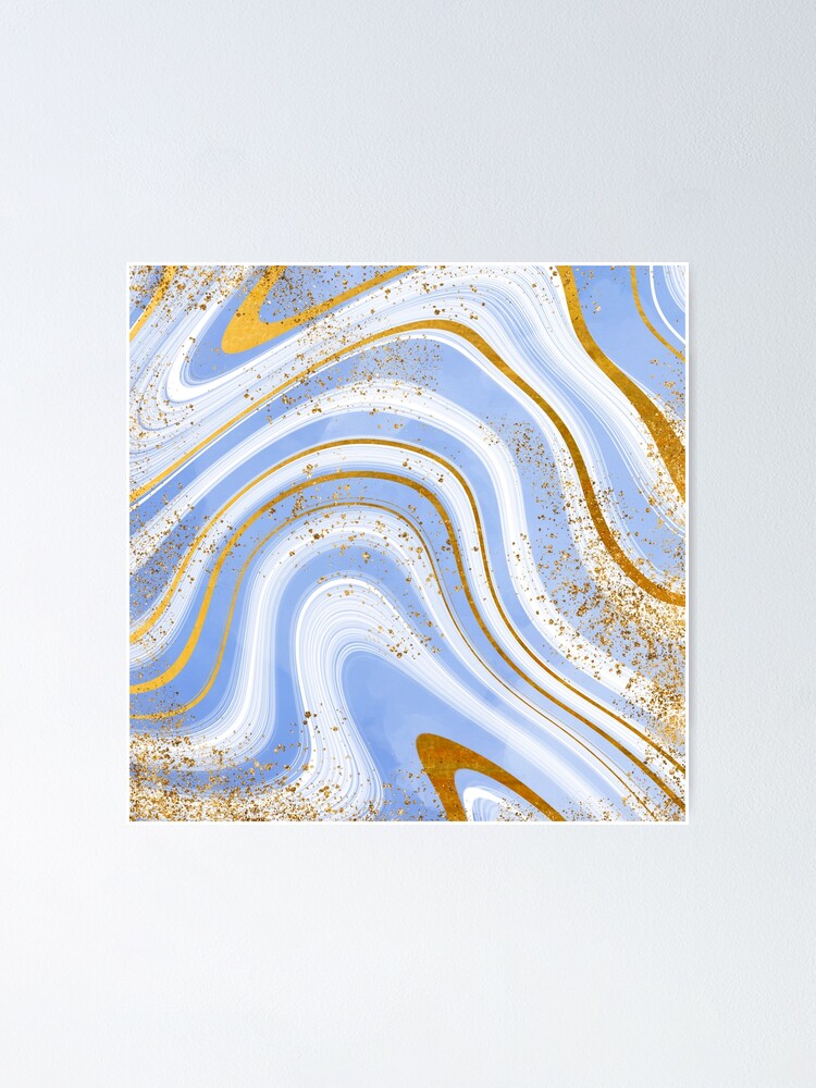 Faux Baby Blue Marble With Gold Glitter Veins | Poster