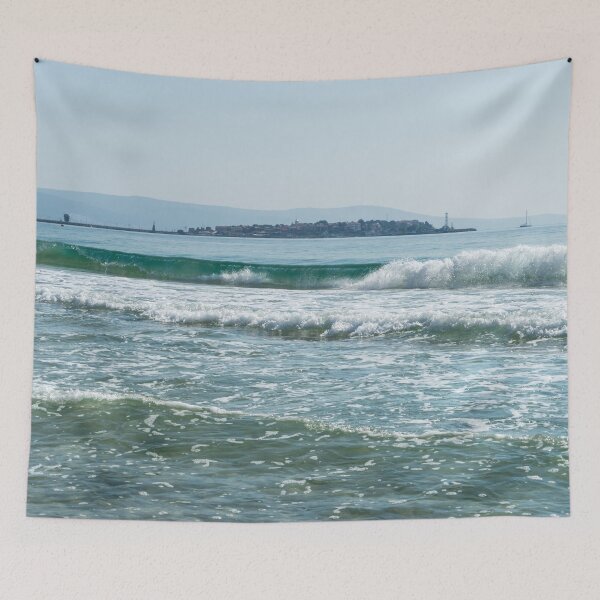 Item preview, Gloriously Rough - Nessebar Old Town behind a Big Breaking Wave designed and sold by Georgia Mizuleva.
