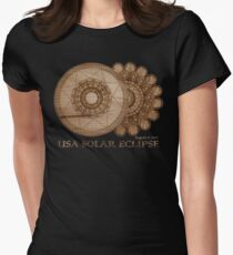 USA Solar Eclipse August 21 2017 Wood Grain Laser Etched Design Women's Fitted T-Shirt
