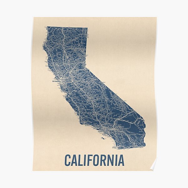 "Vintage California Road Map, Blue on Beige 1" Poster for Sale by