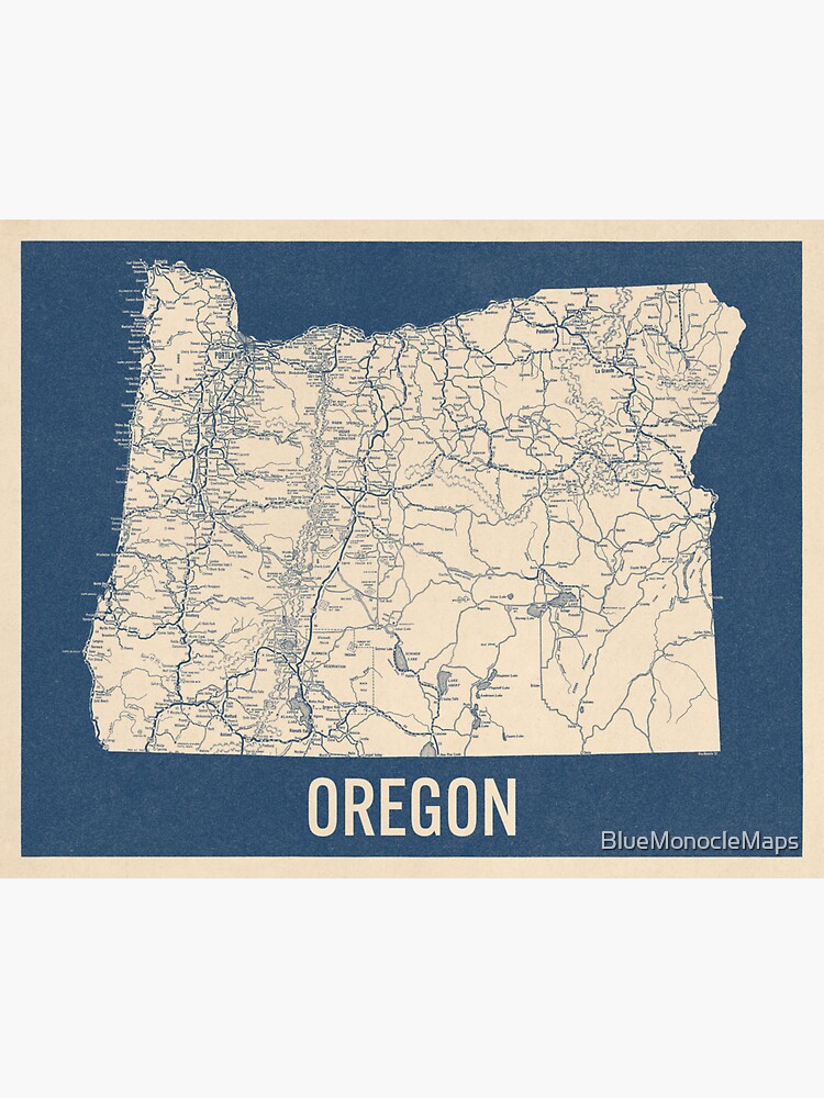 Vintage Oregon Road Map Blue On Beige Sticker For Sale By Bluemonoclemaps Redbubble