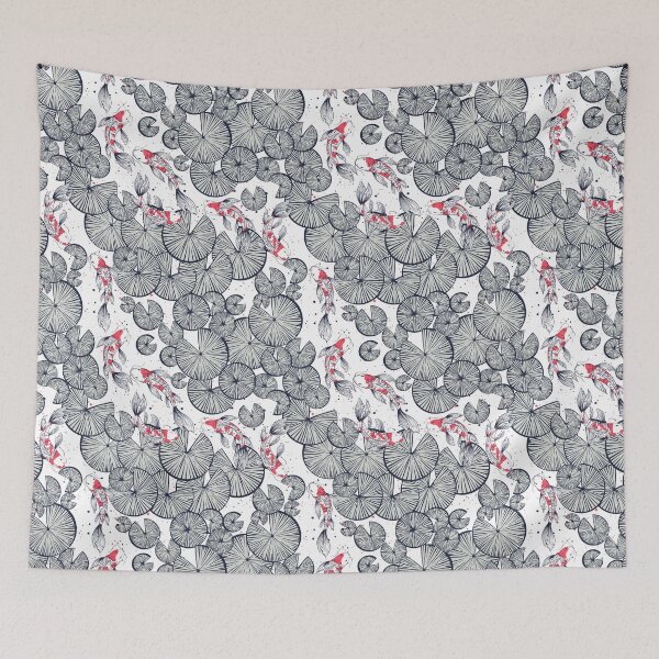 Item preview, Water lilies and Koi fishes - Japanese carps. Grey and navy blue designed and sold by RenattaZare.