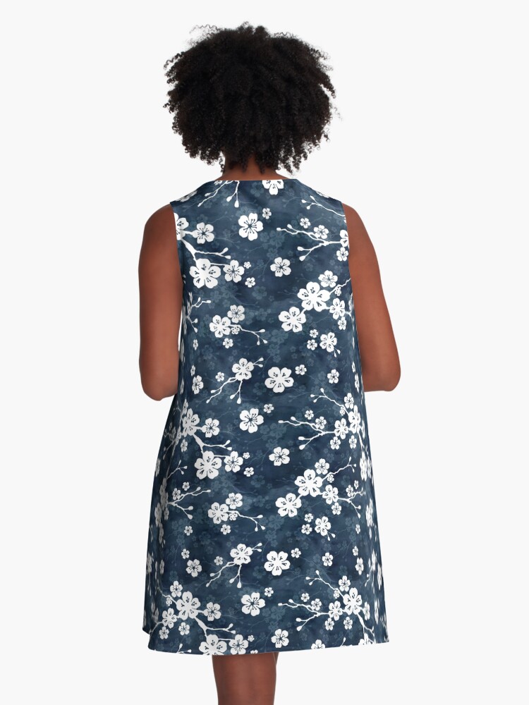 Thumbnail 3 of 4, A-Line Dress, Navy and white cherry blossom pattern designed and sold by adenaJ.