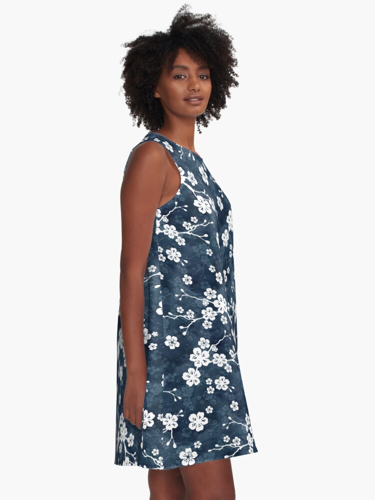 Thumbnail 2 of 4, A-Line Dress, Navy and white cherry blossom pattern designed and sold by adenaJ.