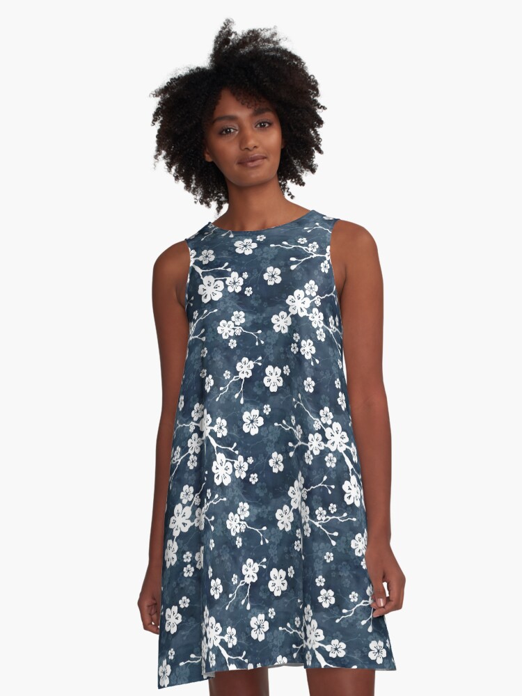 Thumbnail 1 of 4, A-Line Dress, Navy and white cherry blossom pattern designed and sold by adenaJ.