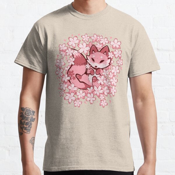 TechraNova Cherry Blossom Fox - Cute Pink Fox T-Shirt // Japanese Kitsune Fox Shirt // Japanese Art Shirt // Sakura Blossoms Pink Flowers T-Shirt