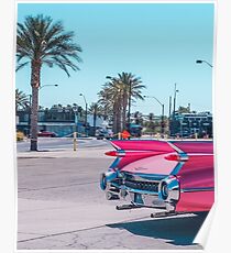 Póster Coche rosado, palmas del paisaje