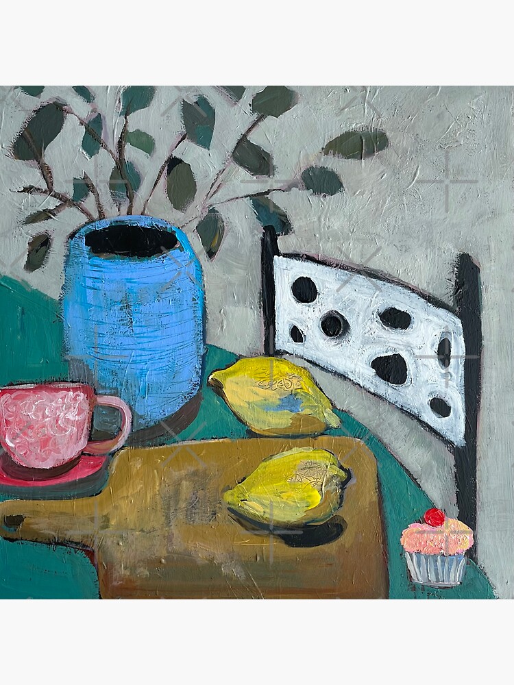 "Polka dot chair lemons blue flower vase" Sticker for Sale by