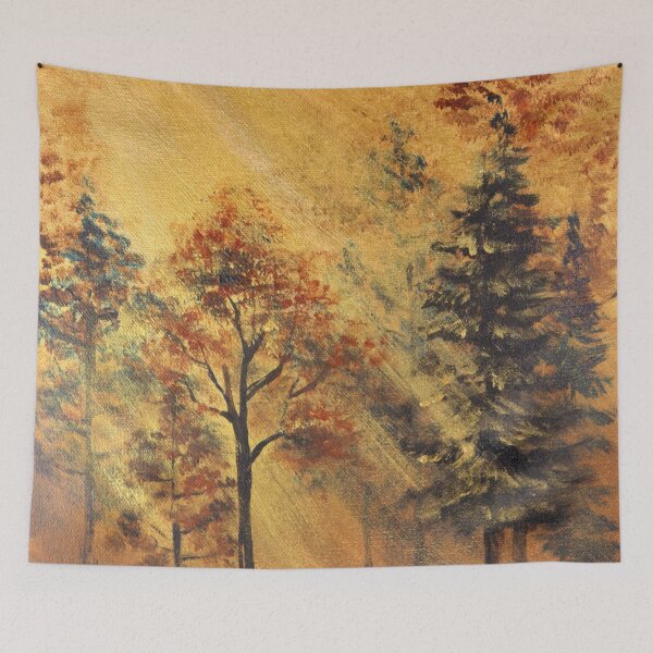 Item preview, nature fall autumn landscape orange trees sunlight fog moody misty forest  designed and sold by LEILA ART SPACE.