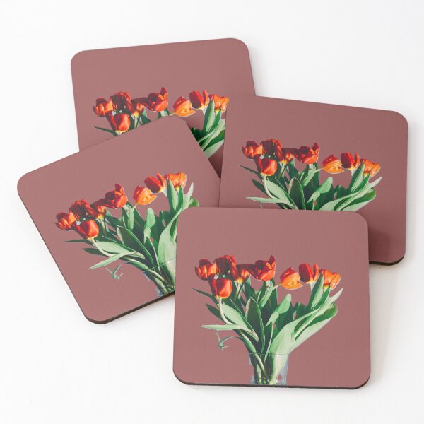 Item preview, Orange and Red-colored tulips sit in a glass vase designed and sold by URbeloved-art.