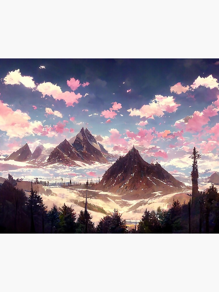 A beautiful anime style summer landscape. Green valley, river, high  mountains with snow capped peaks, blue sky with white clouds. AI generated.  23606089 Stock Photo at Vecteezy