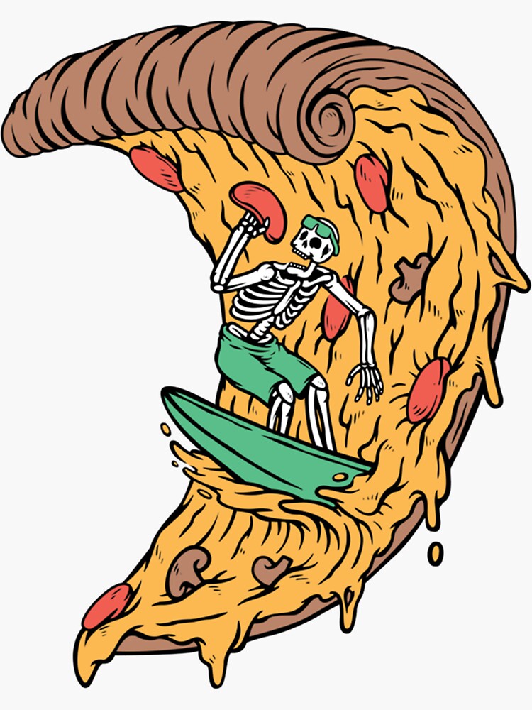"Surfer Boy Pizza Funny Surfing Skeleton " Sticker for Sale by