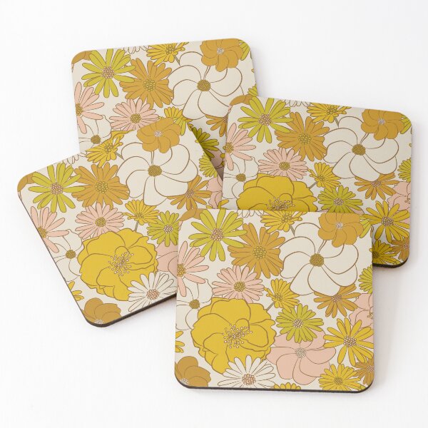 Artikelvorschau, Retro-Blumenmuster in Senf, Gelb und Rosa entworfen und verkauft von SuzieLondon.