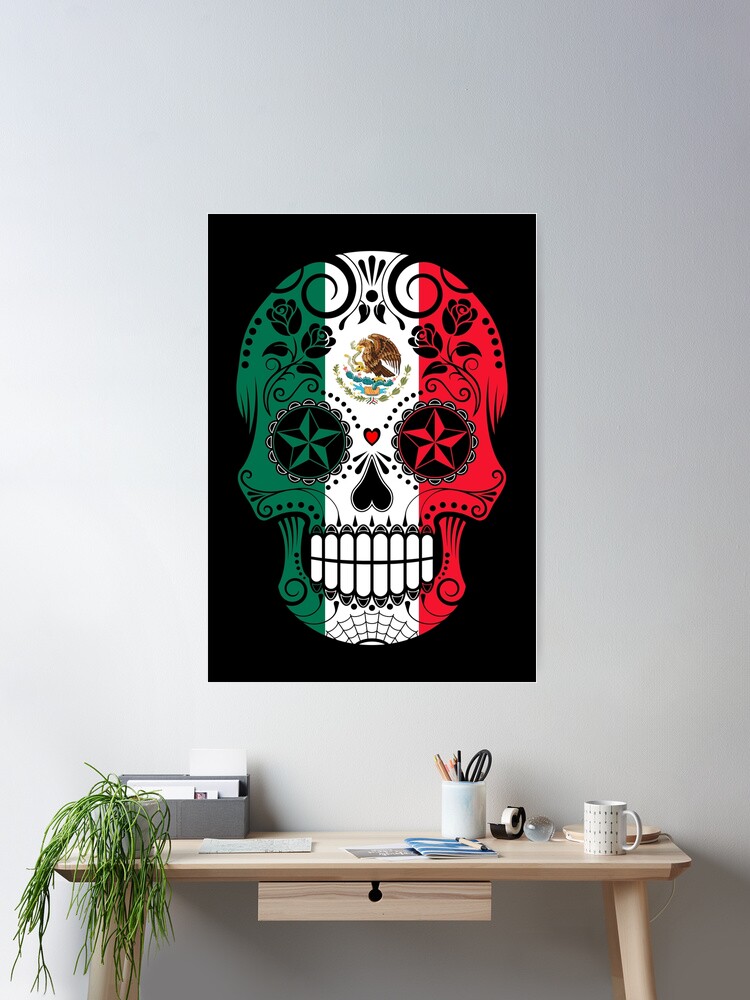 Thumbnail 2 of 3, Poster, Sugar Skull with Roses and Flag of Mexico designed and sold by JeffBartels.