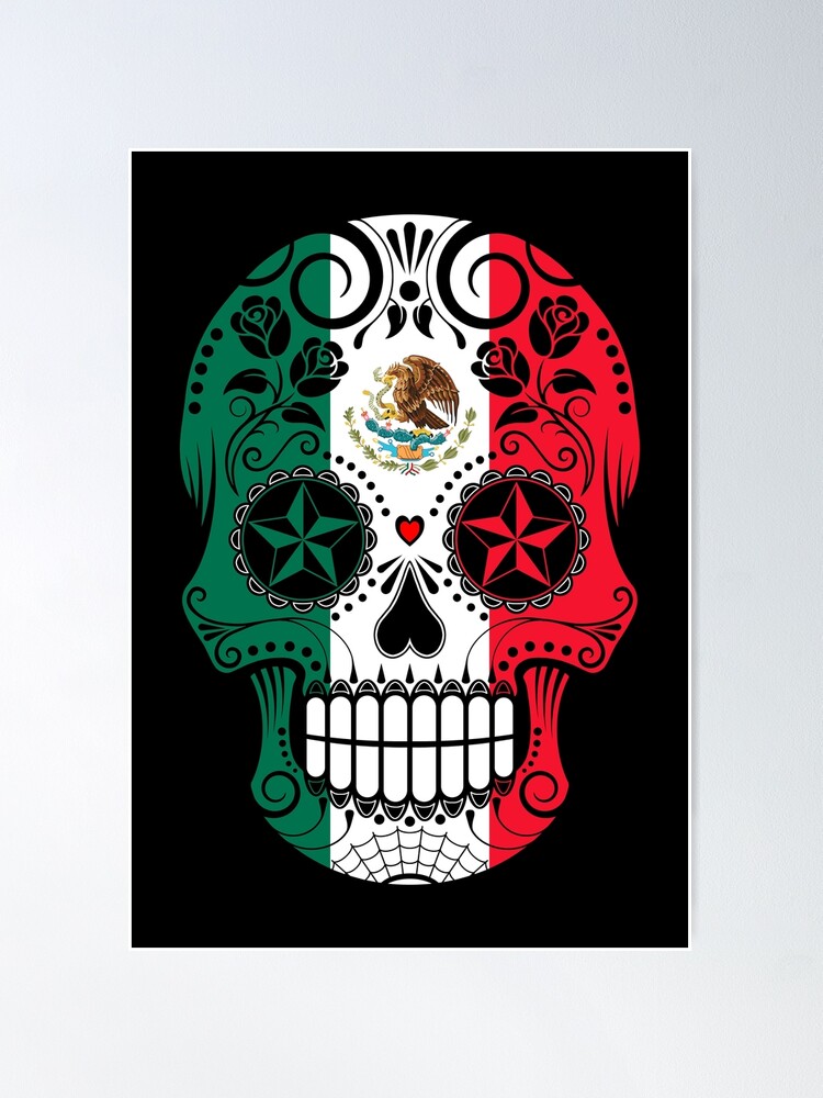 Thumbnail 1 of 3, Poster, Sugar Skull with Roses and Flag of Mexico designed and sold by JeffBartels.