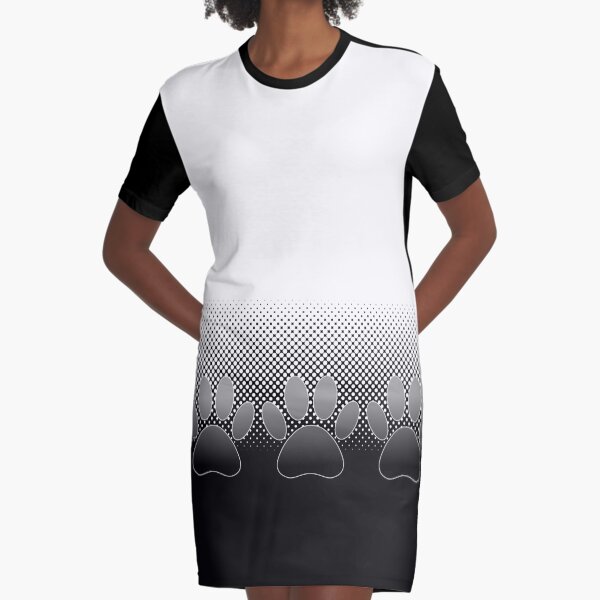 Black And White Paws With Newsprint Background Graphic T-Shirt Dress