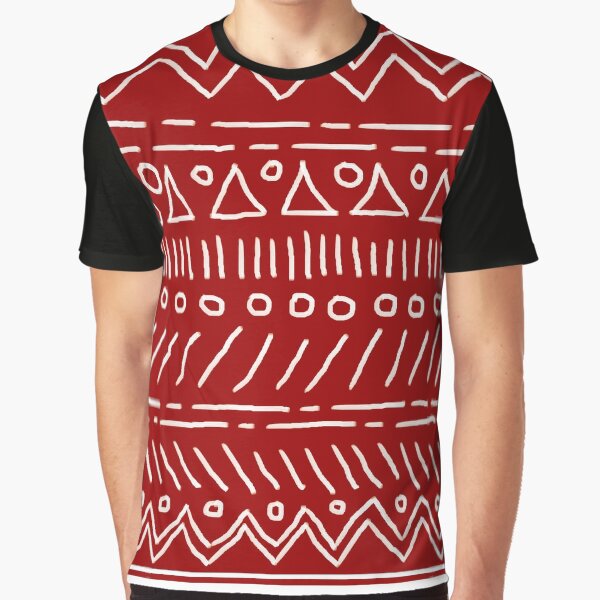 White Tribal-Inspired Pattern on Red Graphic T-Shirt
