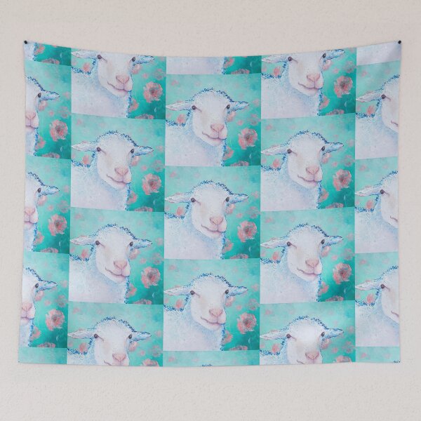 Item preview, White sheep on poppies background designed and sold by MatsonArtDesign.