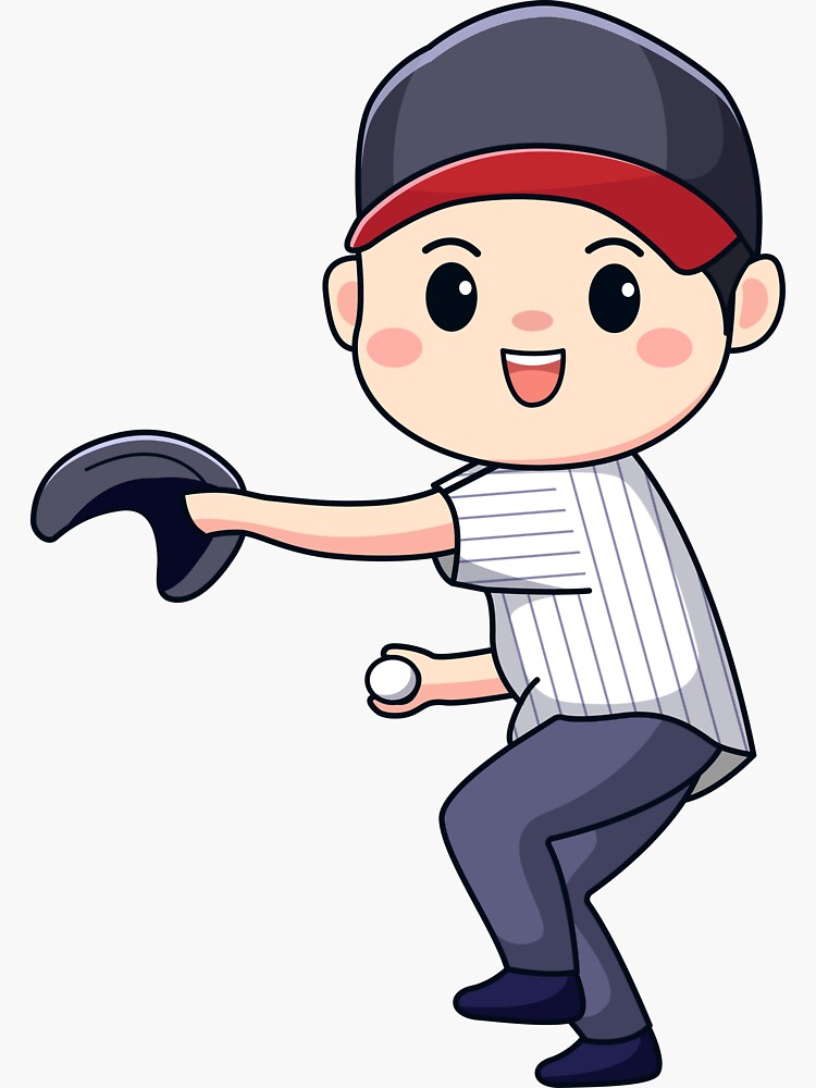 Sticker Cartoon boy playing baseball 