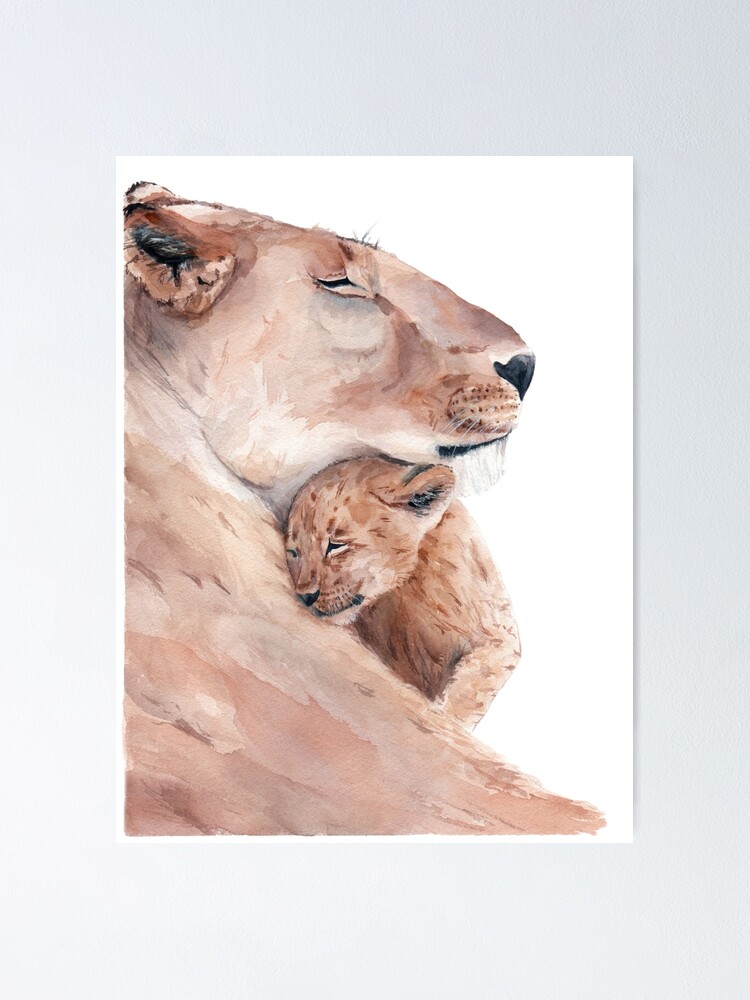 Póster «León mamá y bebé. Portret de acuarela de leones» de LilyAmelieArt |  Redbubble