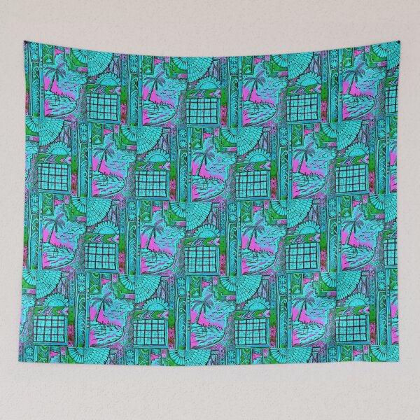 Item preview, sun setting pink, blue, sunset, palm tree, flowers, retro designed and sold by Nickdavisinghe.