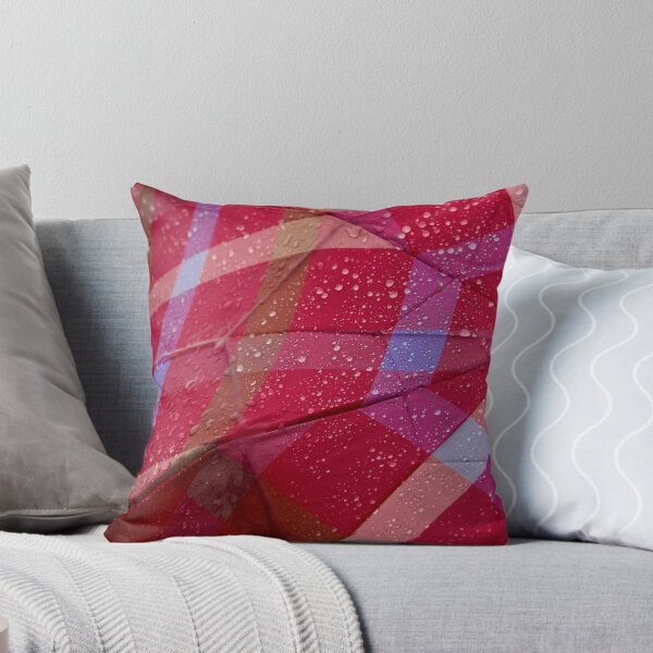 Rain drops on checkered umbrella - Red, Blue & Purple Throw Pillow