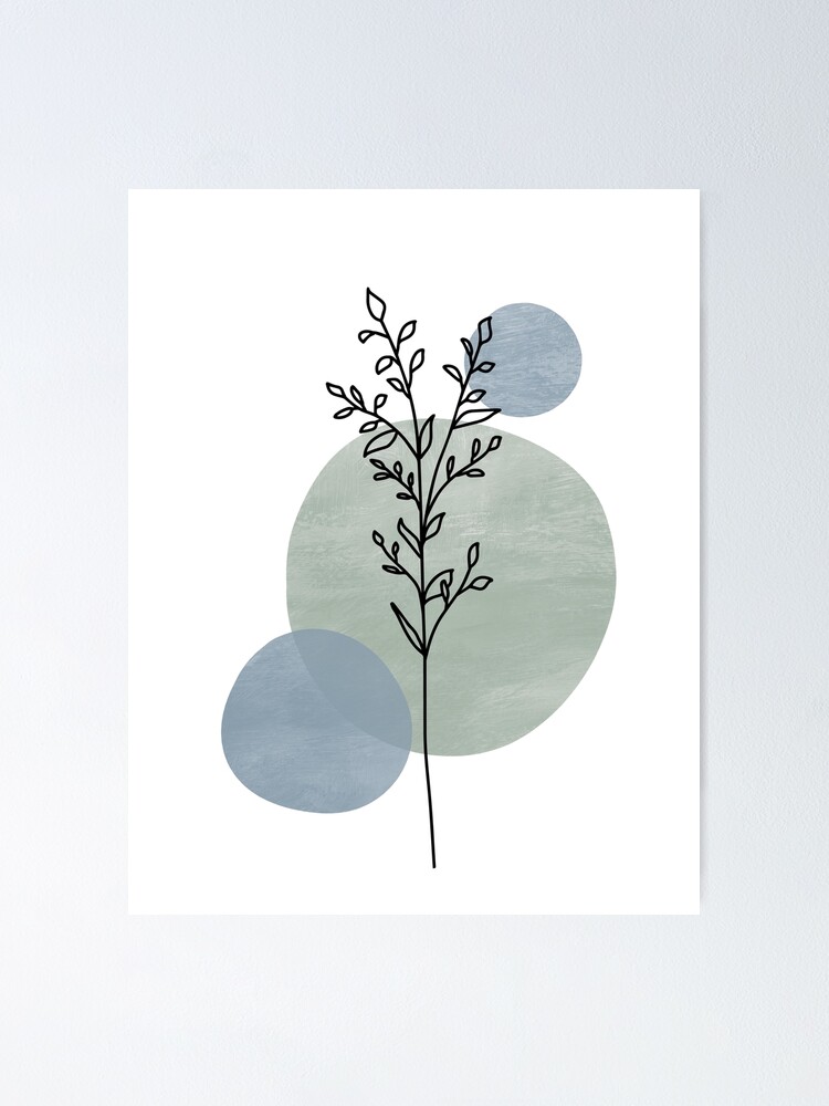 "Sage Green and Pastel Blue Line Botanical Art 1" Poster for Sale by