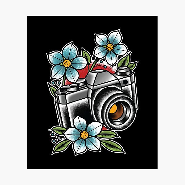 Vintage Camera and flowers Traditional Tattoo