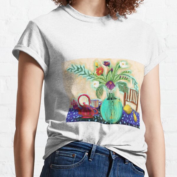 Green Flower Vase On Blue Polka Dot Table Cloth Classic T-Shirt