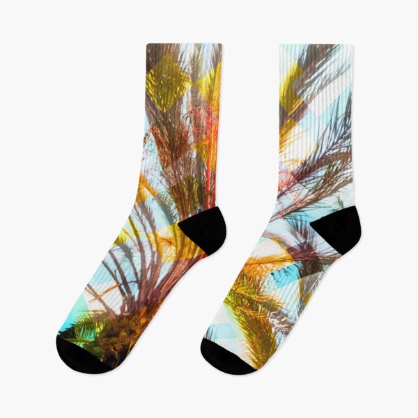 Item preview, palm tree with geometric pixel square pattern abstract in yellow blue designed and sold by Mrvell.