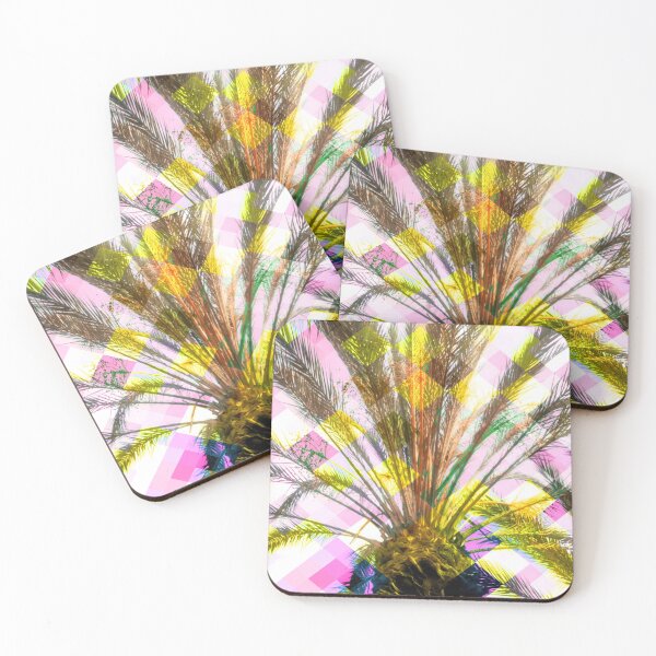 Item preview, palm tree with geometric pixel square pattern abstract in pink yellow designed and sold by Mrvell.