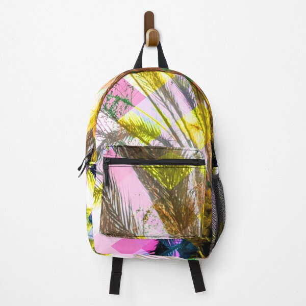 Item preview, palm tree with geometric pixel square pattern abstract in pink yellow designed and sold by Mrvell.