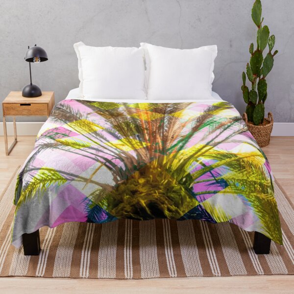 Item preview, palm tree with geometric pixel square pattern abstract in pink yellow designed and sold by Mrvell.