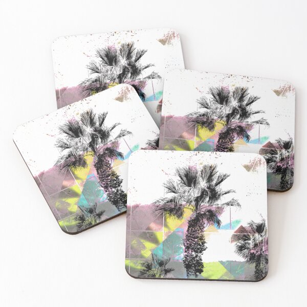 Item preview, palm tree with geometric pixel square pattern abstract in pink yellow blue designed and sold by Mrvell.
