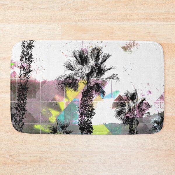 Item preview, palm tree with geometric pixel square pattern abstract in pink yellow blue designed and sold by Mrvell.