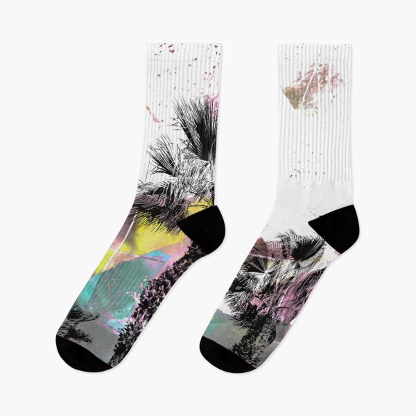 Item preview, palm tree with geometric pixel square pattern abstract in pink yellow blue designed and sold by Mrvell.