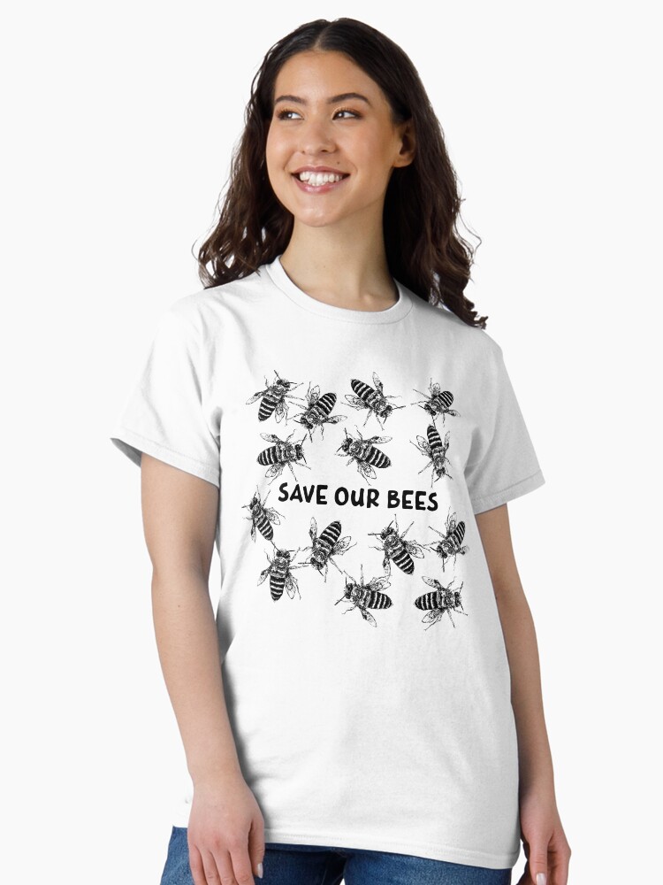Thumbnail 1 of 7, Classic T-Shirt, We're a buzzy lot - Save Our Bees featuring Buzzie the Bee designed and sold by Wildcard-Sue.
