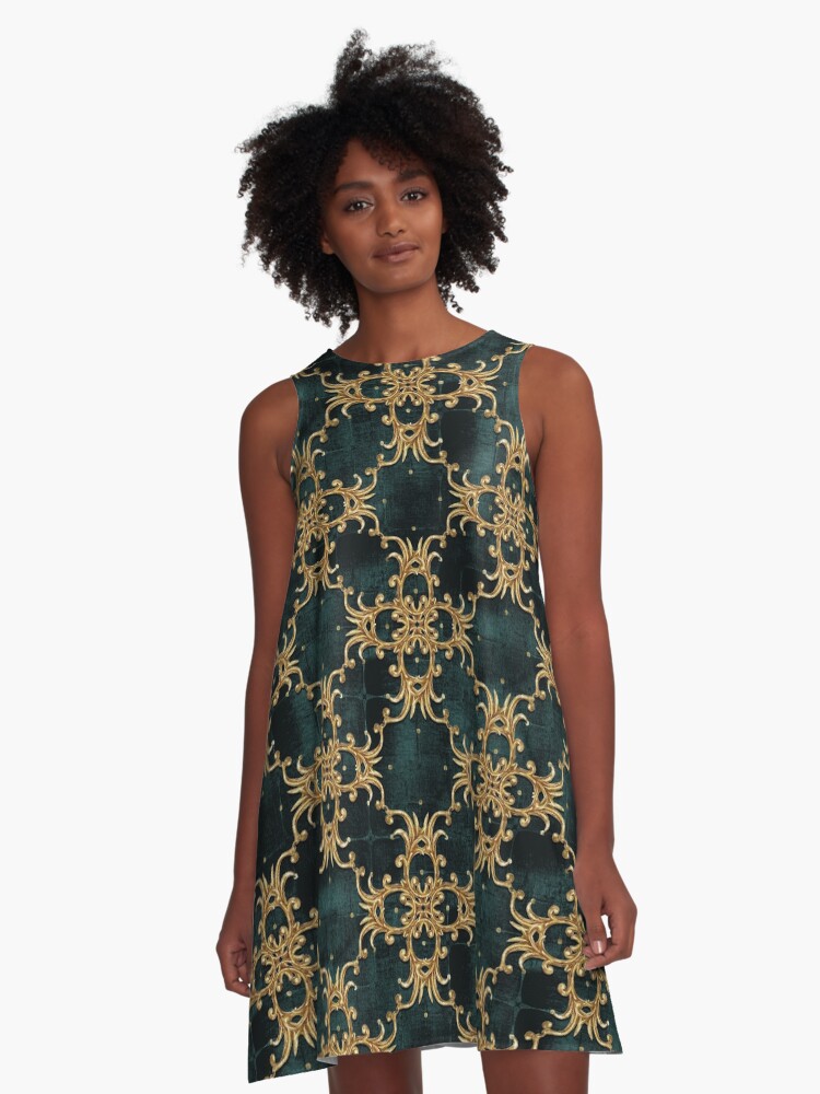 Flourish Ornamental Damask Velvet Gold Black Green Pattern Baroque  Patterns A-Line Dress