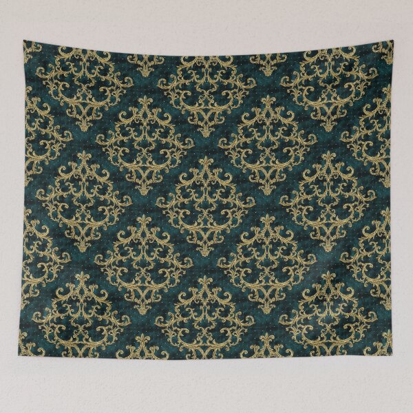 Aperçu de l'œuvre Velours Damassé Ornemental Motif Or Vert - Velours Motifs Baroques créée et vendue par antevasinart.