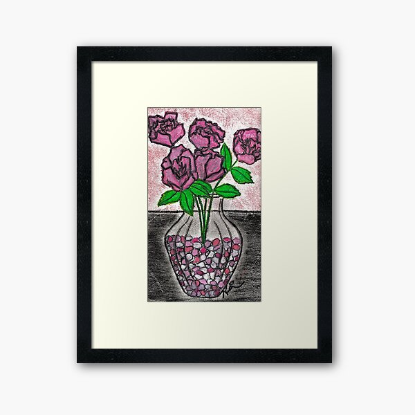 ROSES IN GLASS VAZE WITH PEBBLES Framed Art Print
