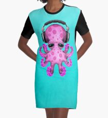 Pink Baby Octopus Dj Wearing Headphones Graphic T-Shirt Dress
